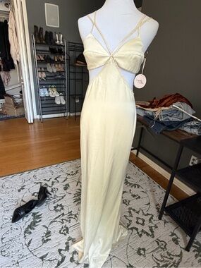 Camila Coelho Pale Yellow Cutout Slip Maxi Dress